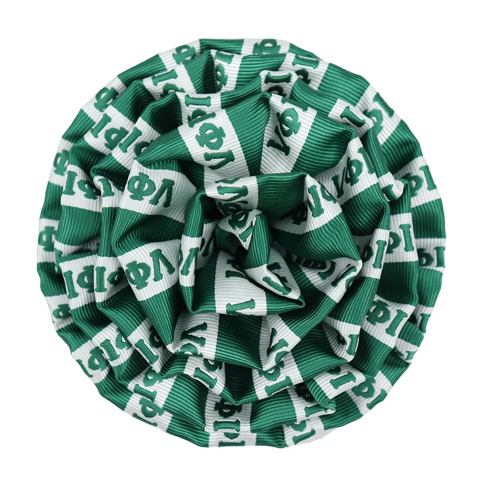 Hot Selling Custom Iota Phi Lambda Logo Woven Jacquard Women Brooch Cheap Polyester White Green Stripe Flower Sorority Lapel Pin