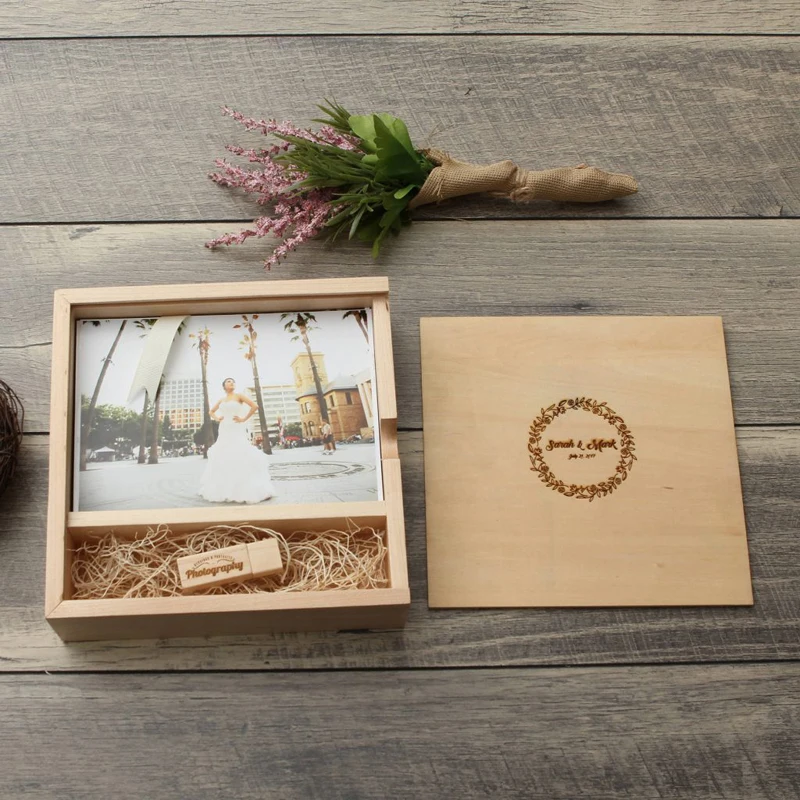 4*6 inch Wood USB Memory Box with Acrylic Lid and Flash Drive Engraved Gift Box for Photographers Wood Wedding Photo Box