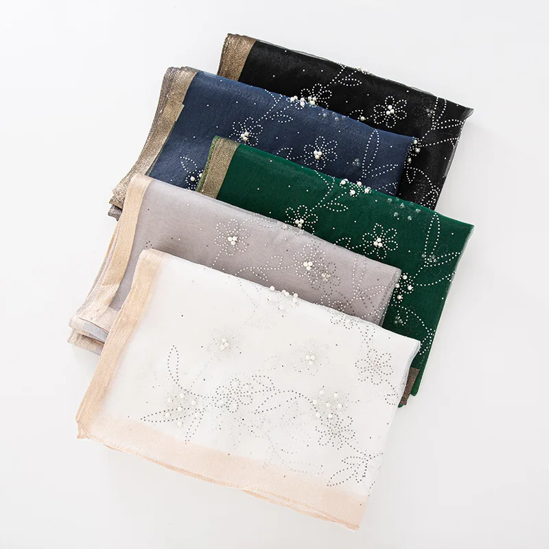 New Women Butterfly High Temperature Hot Rhinestone Simulation Silk Scarf Islam Pearl flower Shawl Hijab