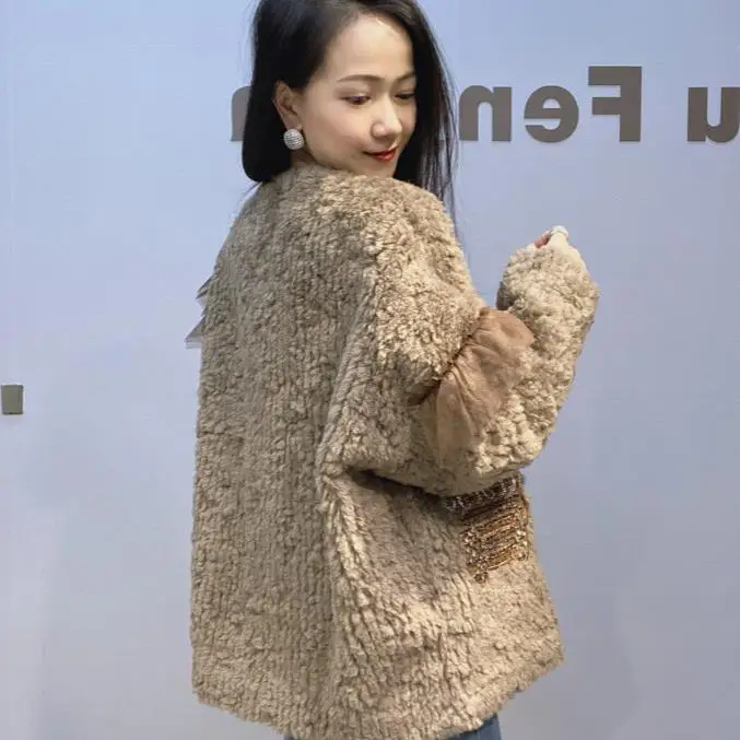 Lace Splicing Imitation Mink Fur Jacket for Women Crew Neck Fluffy Coat Female Winter New Loose Fur Integrated Jacket