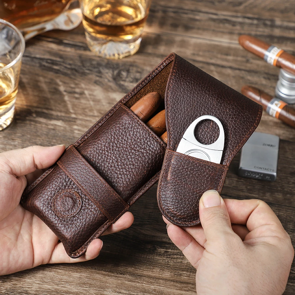 Minimalist Cigar Tube Pouch Leather Bag Custom Leather Cigar Case 3 Slots Cigar Humidor Travel Case Leather Carrying Case CF5024