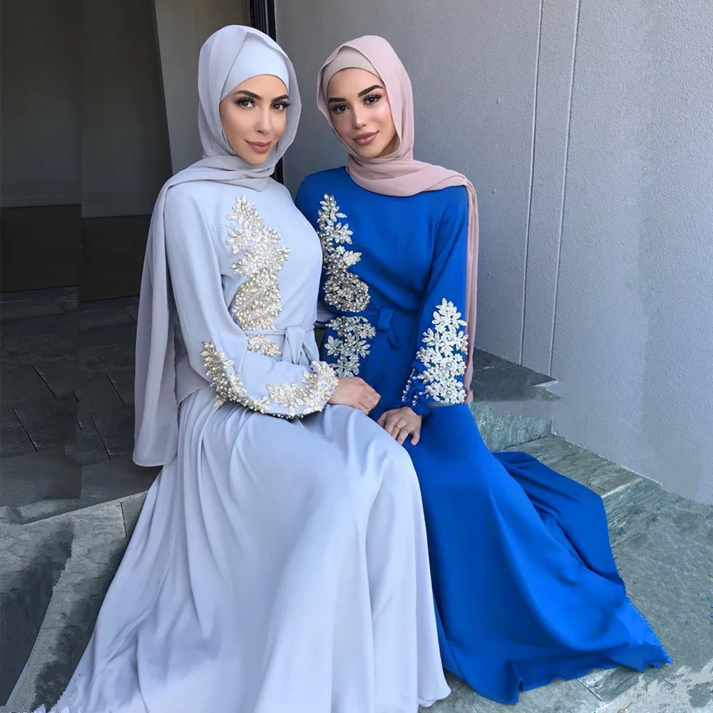 6 color Heavy Pearl Muslim Turkey Middle East Dress  chiffon abaya dress with embroidery and beading