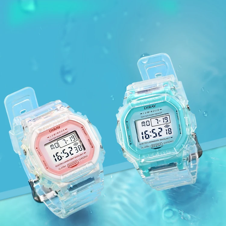 Transparent soft PU strap Cool  Alarm Timing Waterproof Square Display Date Digital Wrist Watch for women
