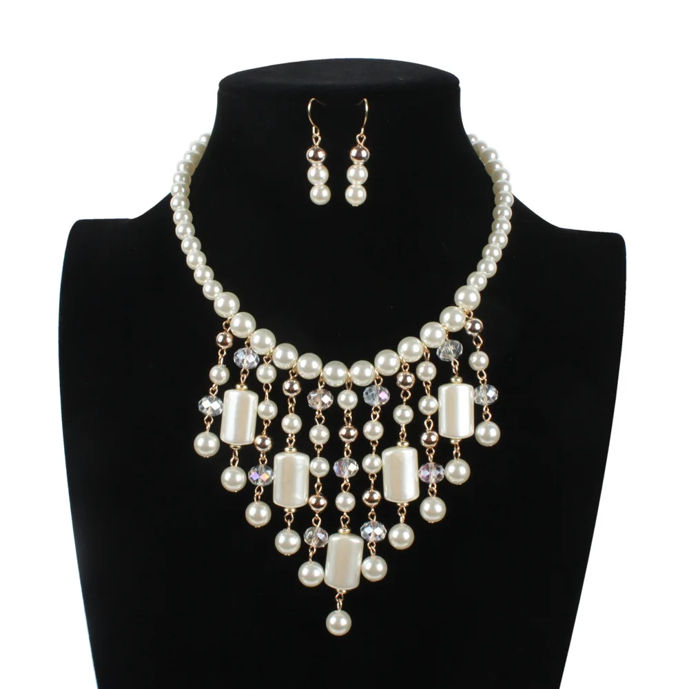 Big Pearl Necklace Sets Multi layer Pearl Tassel Pendant Statement Beads Jewelry Sets Nigerian Wedding India Jewelry Sets