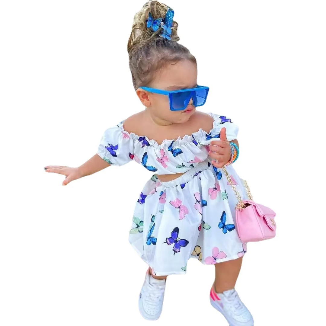 Girls Clothing Summer Off Shoulder Two Pieces Baby Clothing Sets Off Shoulder Top Butterfly Print Skirt Girls Dresses