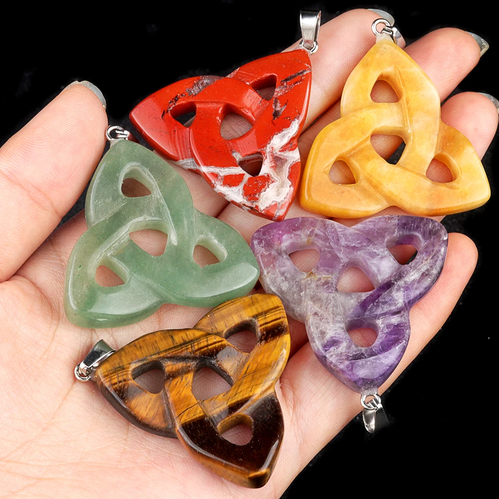 Red Jasper Crystal Irish Celtic Knot Pendant Triangle Shape  38MM Natural Carving Gemstone Stone Hollow Triangle Necklace