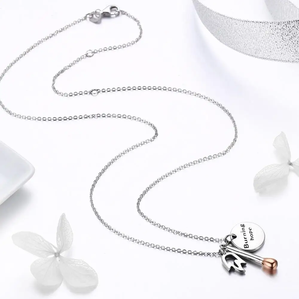 BAGREER SCN269 Personalized Silver Letter Burning hope match shaped Initial round pendant necklace alphabet graduation gift