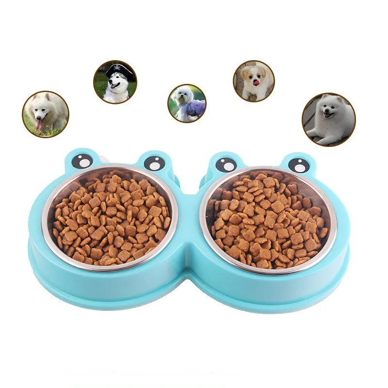 Two in One Cartoon Frog Non-slip Stainless Steel Pet Double Bowls Washable and Durable Cat Dog Feeding Food Drinking Bowl