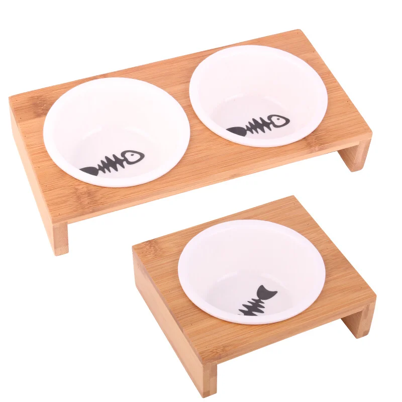 
Eco-friendly Bamboo Rack Ceramic Anti-overturning Cat Bowl Small and Midium Dog Ceramic Food Basin Waterer Pet Supplies Custom 