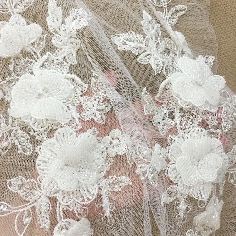 Haute Couture Rhinestone Beaded 3D Flower Lace Fabric Applique Bridal Hair Flower Wedding Headpiece Cape Veil Patch Motif