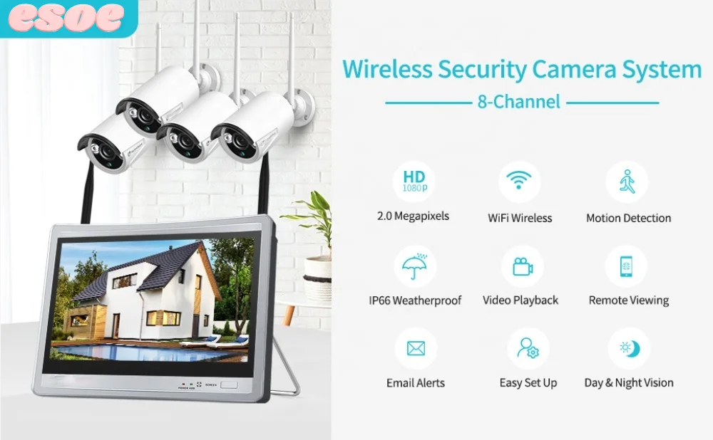 Wifi Pan&tilt Camera 8CH Set 2MP Surveillance Video System 12.5inch Wireless Monitor NVR Home Outdoor Security Camera Kit 4CH