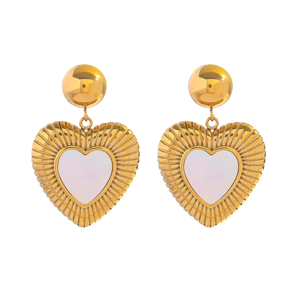 J&D Tarnish Free 316L Stainless Steel Summer Natural Sea Shell Ball Texture Heart Drop Earrings
