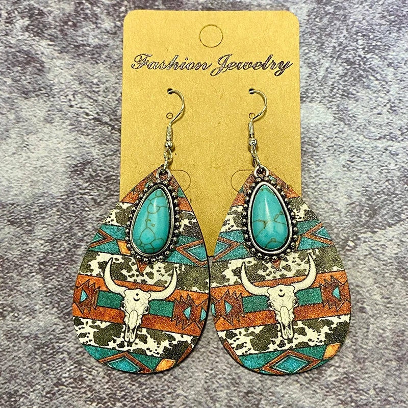 Classic Geometric Stitching Cowboy Turquoise Teardrop Earrings Western Wooden Aztec Pattern Water Drop Earrings