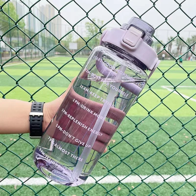 Custom Logo Reusable Gym Sports 2L Clear Motivational Half Gallon Plastic Water Bottle with Time Marker and Straw