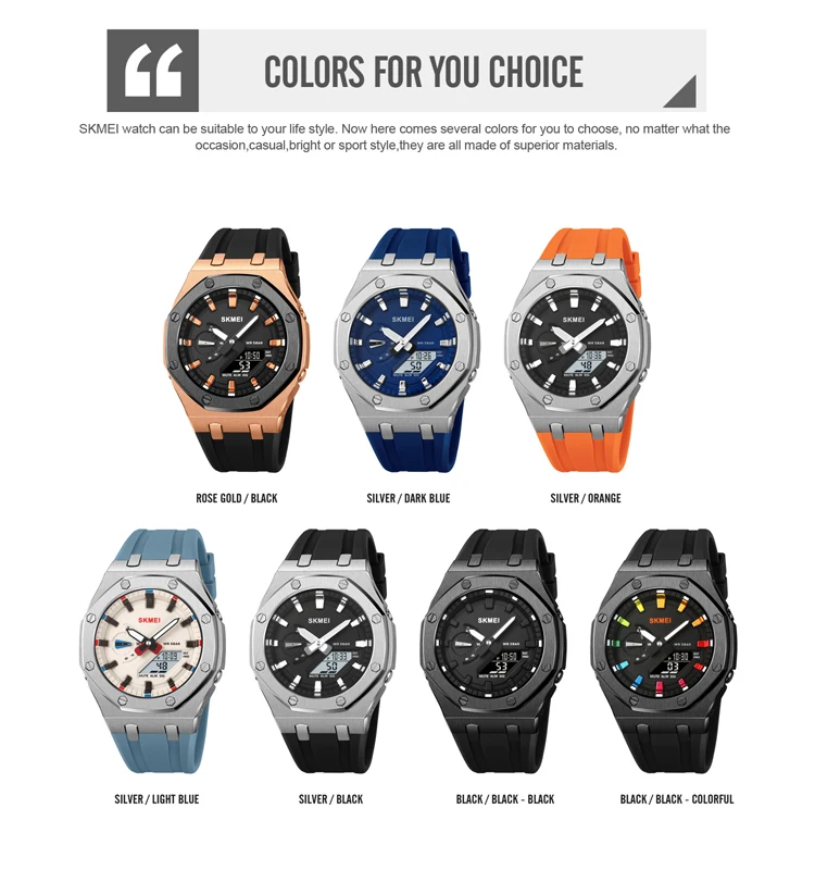 Skmei 2243 Sport Analog Quartz Watch for Men Waterproof Alloy Dual Display New Style Round Case Silver Band with Alarm Feature