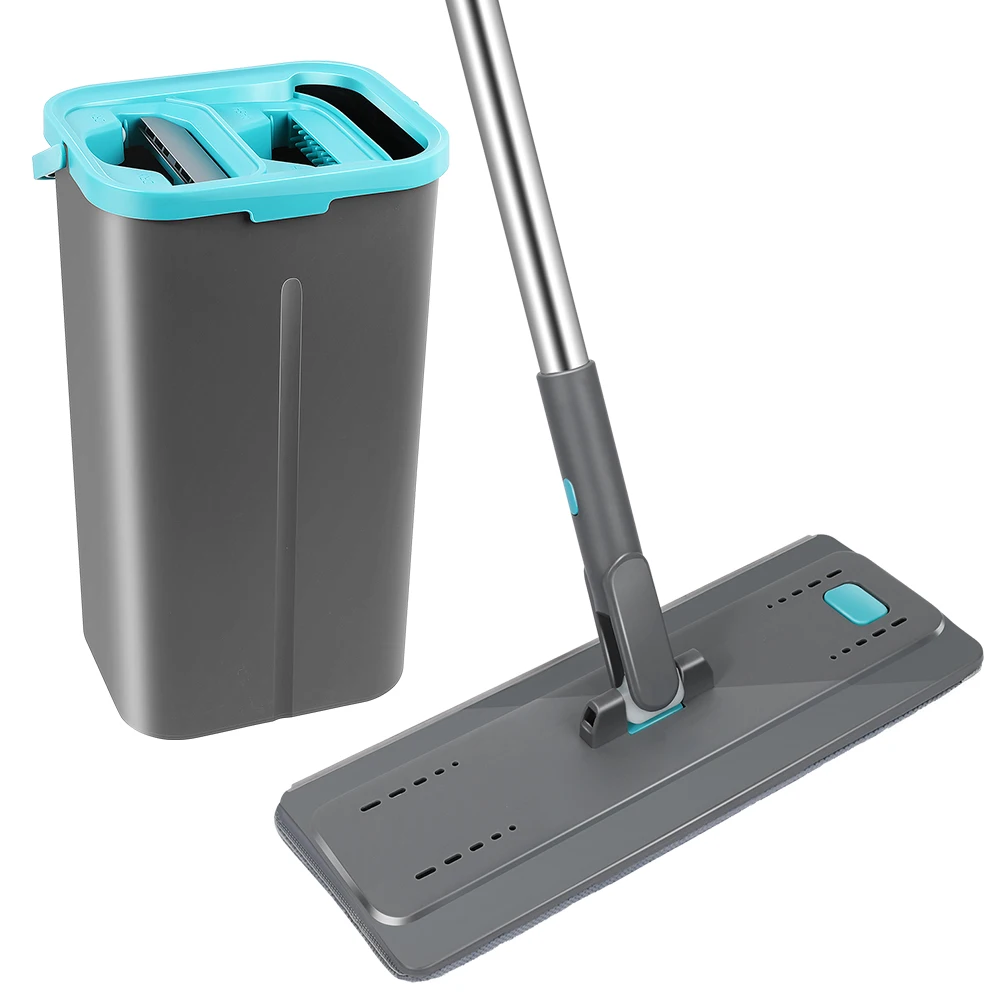 Niaona Replaceable Hand-Free Microfiber Flat Mop and Bucket Set 360 Magic Squeeze Cotton Head for Home Cleaning Water Usage