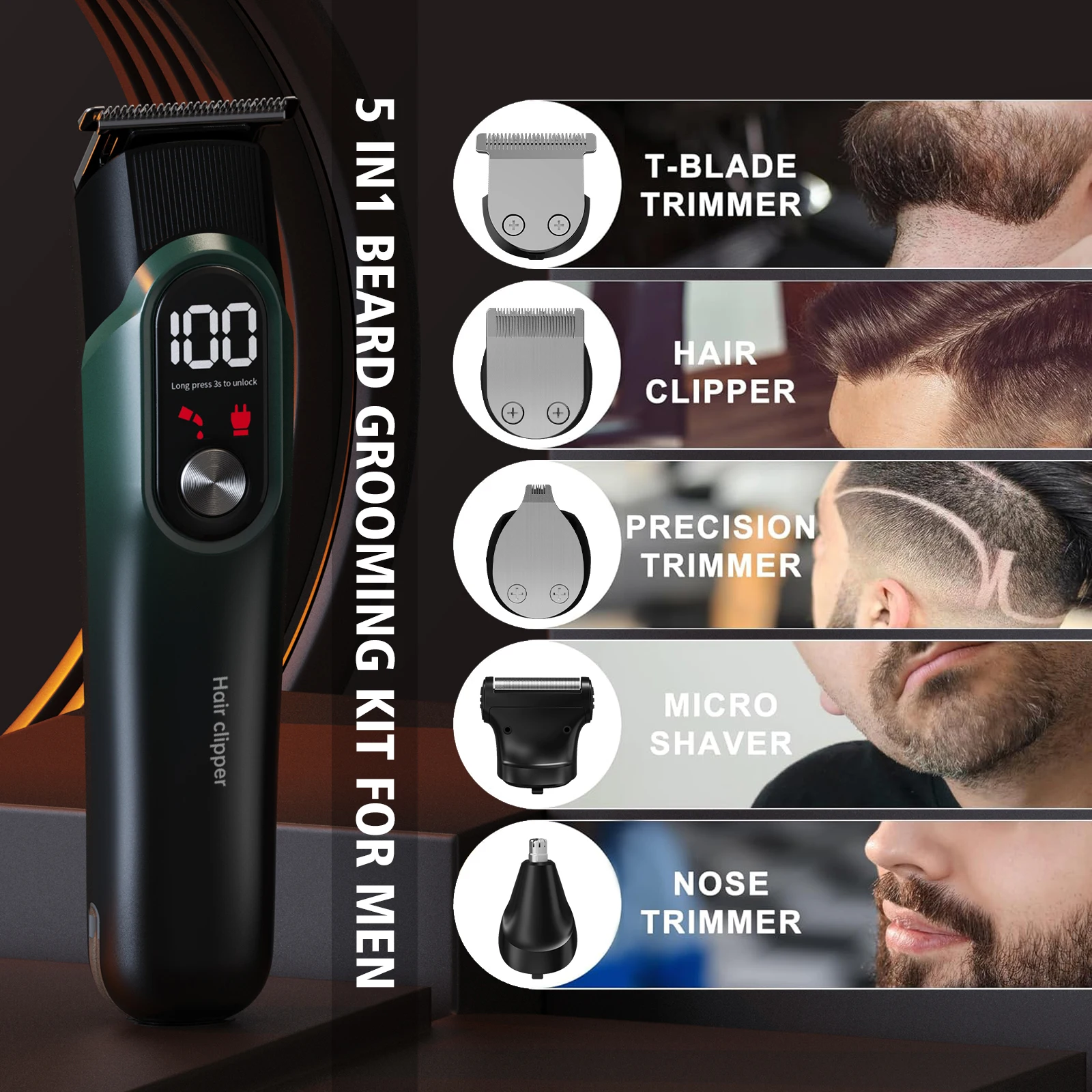5 in 1 Grooming Kit Cordless Hair Trimmer Men Shaver Razor Professional Electric Finish Cutting Machine Nose hair Trimmer