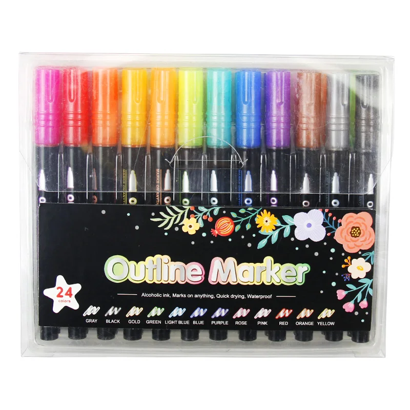 Vibrant Outline Marker Pack - 12/24/36/48 Assorted Colors, Durable Alcohol Ink, Quick Dry, Ideal for Journaling, and Art Project