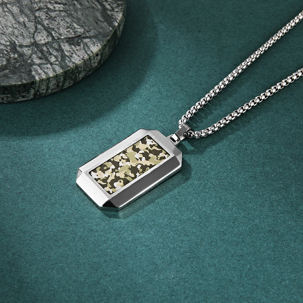 Custom Hexagonal Cut Adhesive Camouflage Military Dogtag Pendant Stainless Steel Necklace
