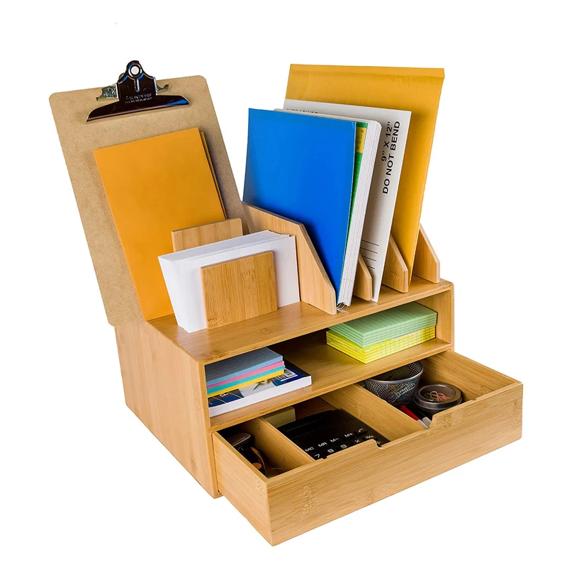 Bamboo Desk Organizer with Sliding Drawer, Double Tray and 5 Upright Sections