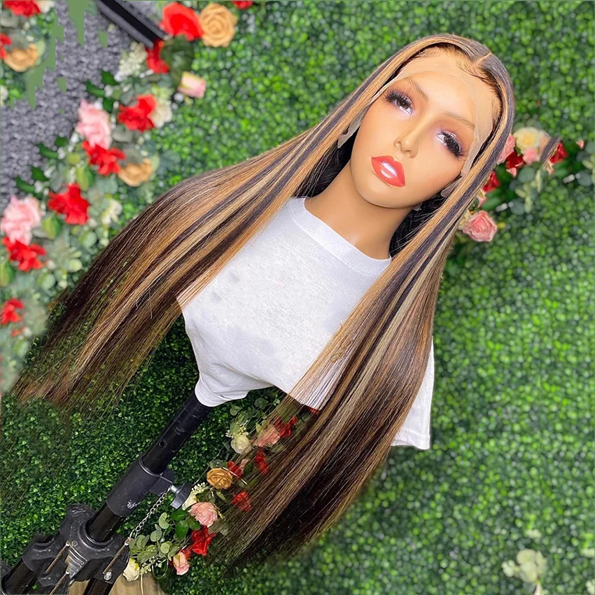 
Dropshipping Wholesale Highlight Lace Front Wig Brown Mixed Color Lace Wig Bone Straight Frontal Human Hair Wigs for Black Women 
