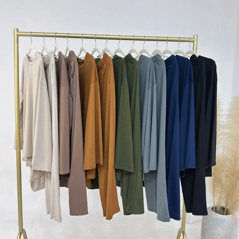 Winter Autumn Cotton Co Ords with Pants Pockets Modest Solid Color Muslim Women Islamic Clothing Wholesale Set Stock Abaya