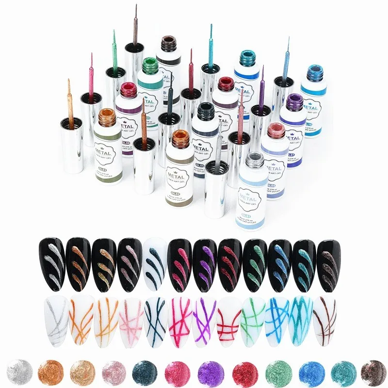 12 Colors Metallic Painting Gel Nail Polish Set Drawing Nail Liner Polish Wire Pulling Mental Gel Kit Line Art Gel for Nail Art