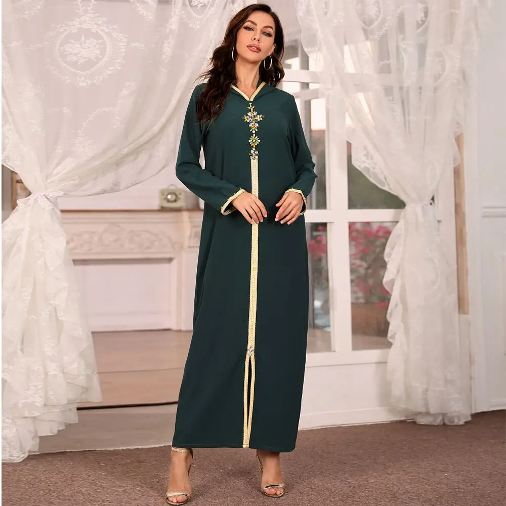 J&H  2022 Luxurious Dubai Abaya Djellaba Moroccan Kaftan Women Long Sleeve Hoodie Maxi Dress Robes Islamic Clothing