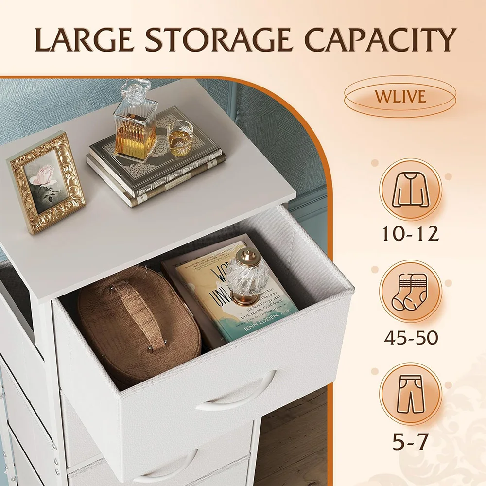 5-Drawer Tall Dresser for Storage  Organizer with Fabric Bins Wood Top Sturdy Steel Frame Chest of Drawers for Closet  White