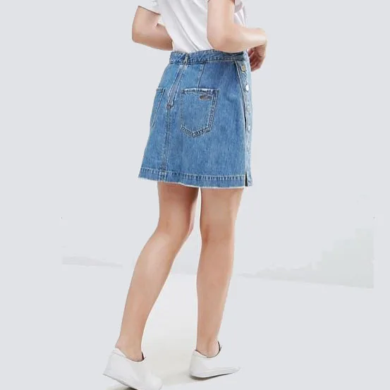 Custom Cotton Denim Skirt Women Girl Above Knee Length Washed Blue Color Embroidery Denim Skirt