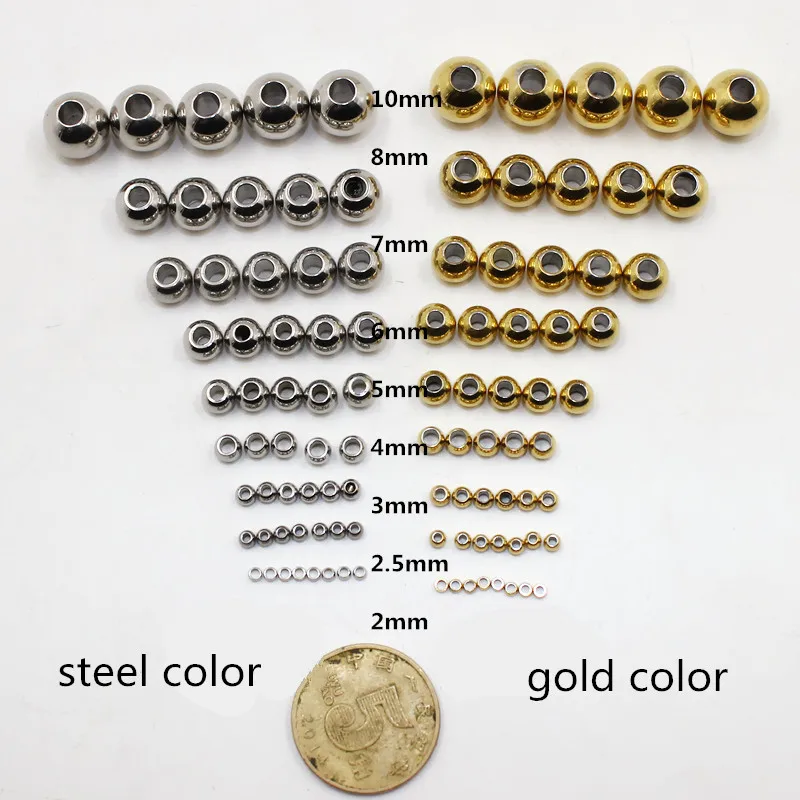 Stainless Steel Round Gold Spacer Beads with Big Hole Metal Loose for Bracelet and Necklace Making Earrings Jewelry