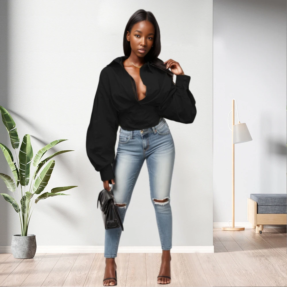 10729-MX98 plain solid color winter v-neck long sleeve women shirts sehe fashion