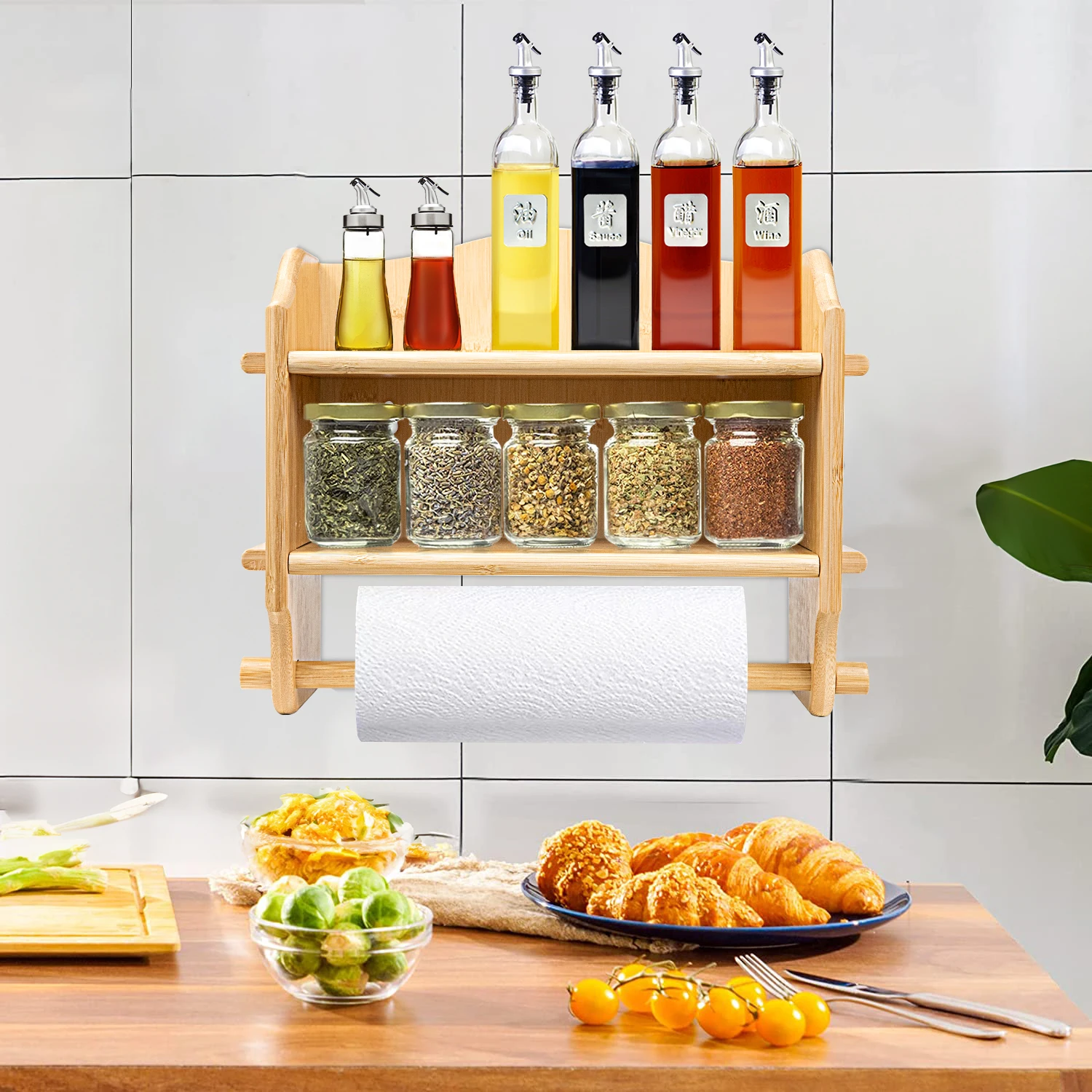 Wall Mounted Bamboo Paper Towel Holder 2-Tier Spice Rack for Kitchen