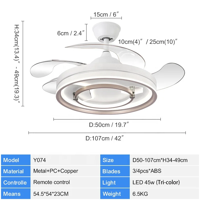 Y074 New 42 inch wave shaped invisible fan light 110 220v decorative bladeless remote control