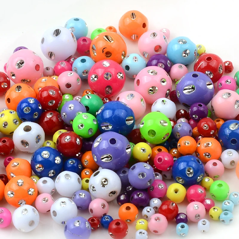 Hot sale 4mm/6mm/8mm/10mm/12mm Multicolor Shiny Acrylic Round Beads With Diamonds For DIY  Jewelry Making
