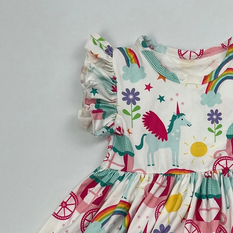 Qingli Custom Printed Girls O-Shape Collar Flutter Sleeve Knee-Length Milk Silk Pearl Dress New Arrival OEM Factory for Party