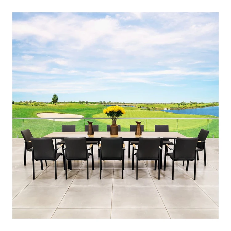 AJUNION Luxury Metal Outdoor Dining Set Teak Wood Tabletop Extendable Dining Table 12 Seat Outdoor Dining Chair with Cushions