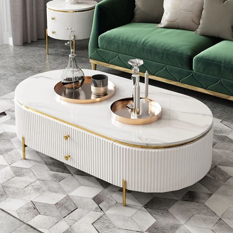 Luxury Home Living Room Furniture Black Marble Golden Oval Coffee Tables With Metal Legs
