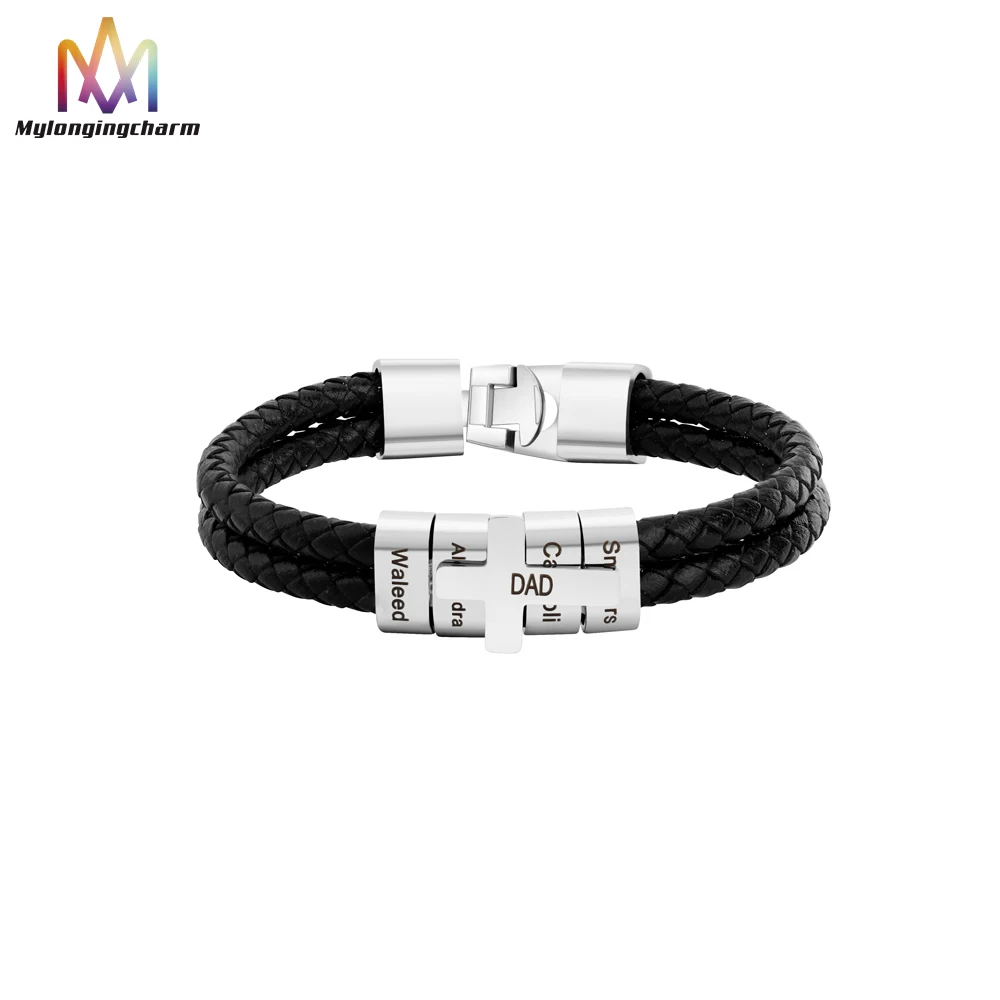 Cross Charm Engraving Name Bead Bangle Bracelet Wholesale Stainless Steel Braided Leather Bracelet Men Jewelry