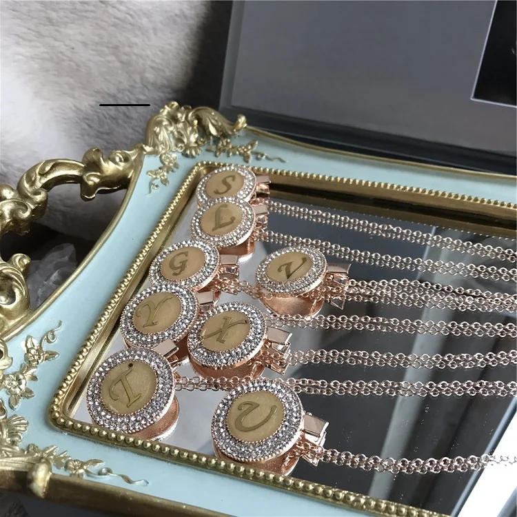 Sparkle Private Label Rose Gold Plated Metal Clip Name Pacifier Holder 26 Initial Gold Letter Rhinestone Dummy Chain for Baby