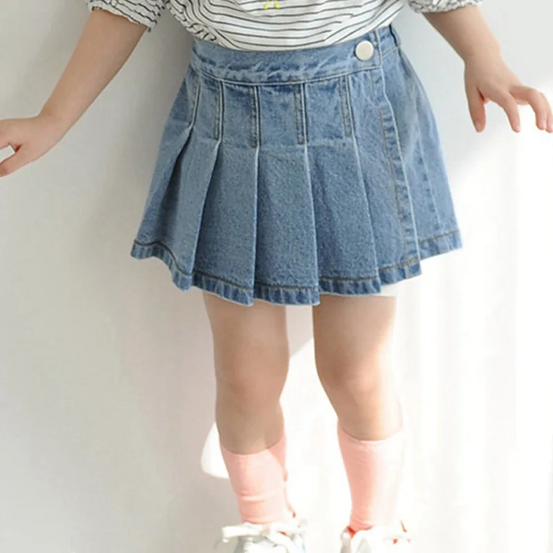 2022 kids Korean fashion high quality Girls baby denim jeans mini Half Pleat shorts Skirt for girls