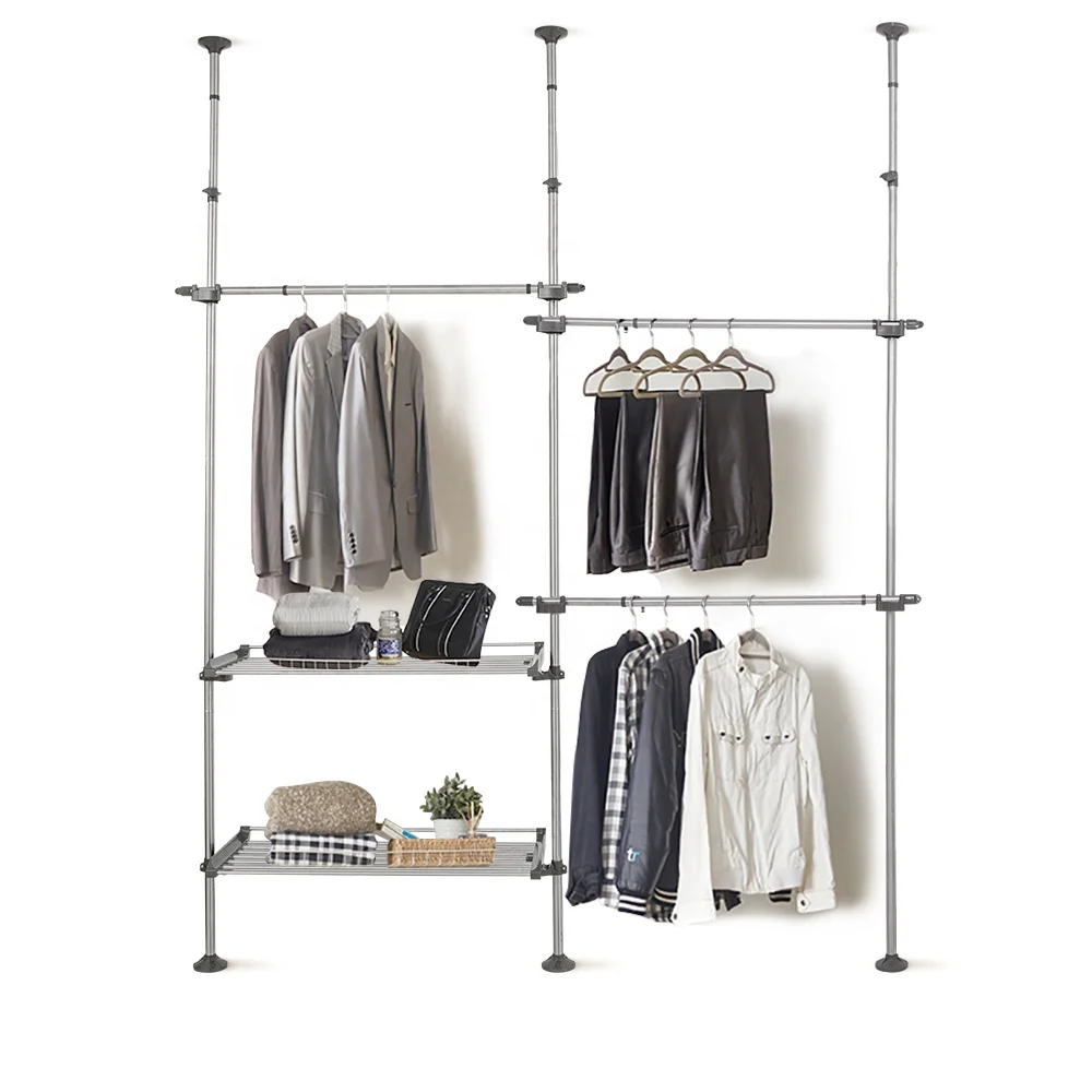 BAOYOUNI Metal Telescopic Organizer Shelf Tension Hanger Closet Wardrobe Rack Stretchable Shelving Unit Clothes Storage System