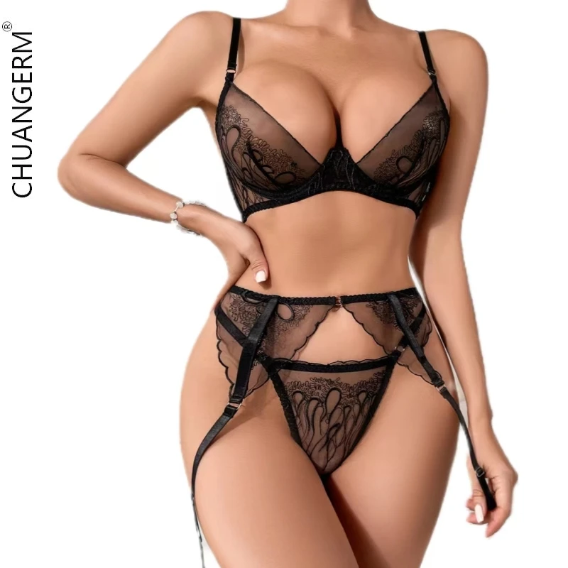 CHUANGERM New Women Fashion 2024 Embroidery Splicing Sexy Shaping Mesh See-Through Garters Black Dessous De Verre En Cuir