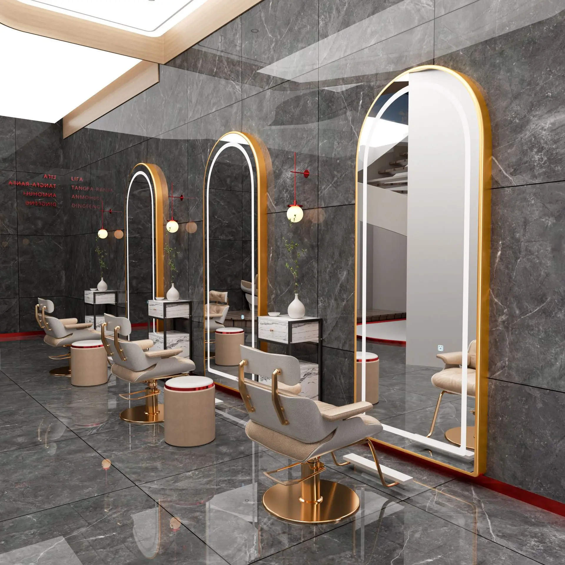 2024 Modern Golden Round Hairdresser With Led Light Salon Mirror Use In Beauty Salon Mirror Station