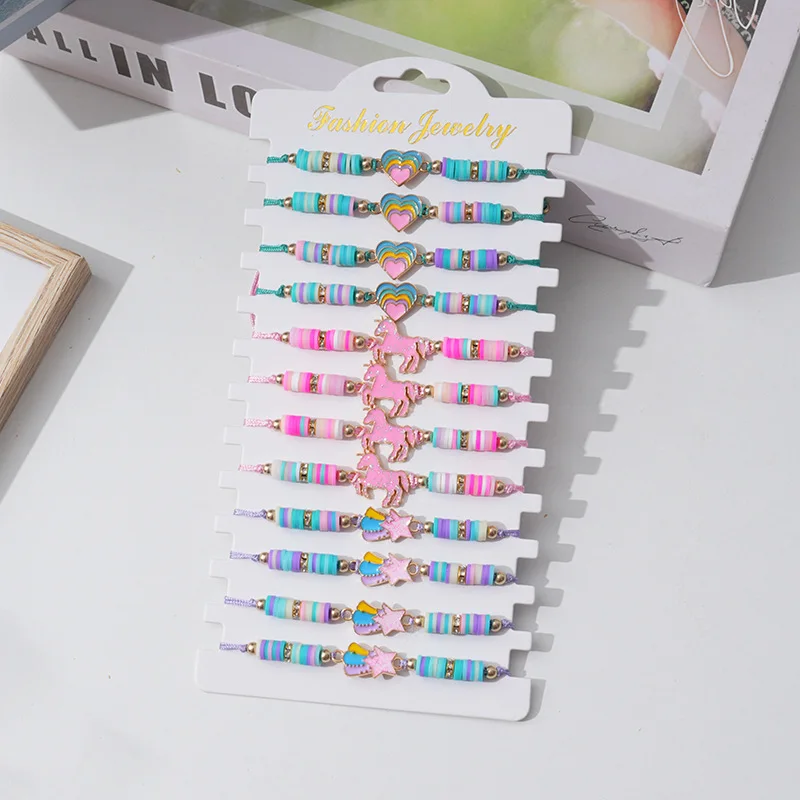 12 Pcs/set Enamel Love Polymer Clay Love Rainbow Crystal Beaded Handmade Bracelet Girls Kids String Jewelry Bracelet