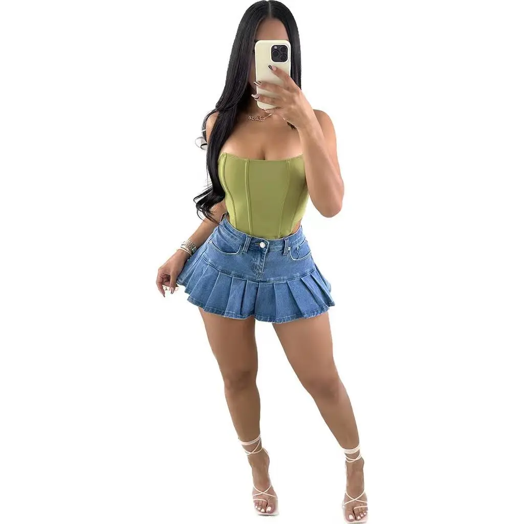 2024 New Short Jean Skirt Wholesale Denim High Waist In Stock Blue Short Skirt Ladies Pleated Skirts