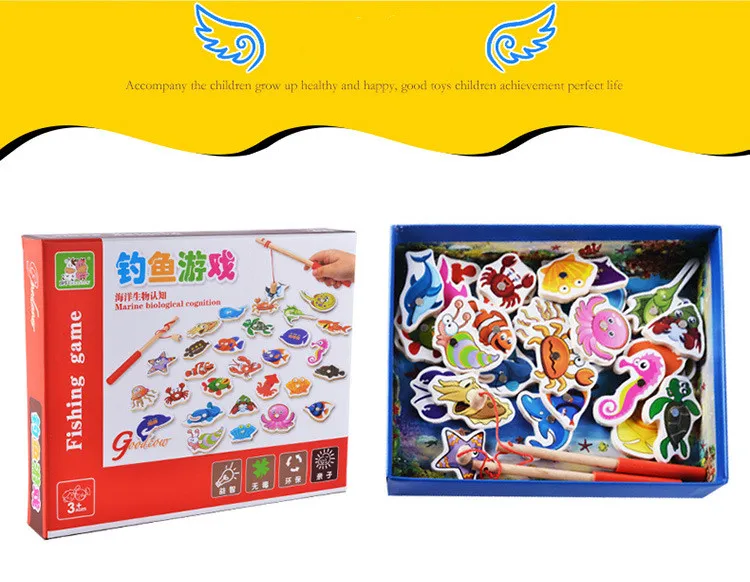 Wooden Magnetic Toys 32 Piece Fishing Game Parent Child Double Pole Puzzle Toy For Kids