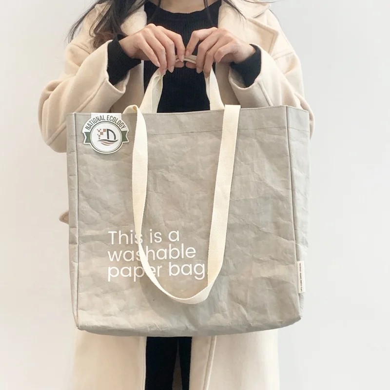 Fashion and Sustainable Quality Washed Eco-friendly Kraft Paper Tote Bag, Durable Waterproof Travel Bag
