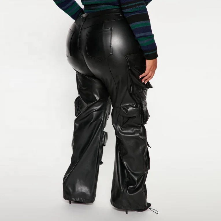 Manufacturer Oem Custom Girls Streetwear Style Leather Trousers Black Sexy Wide Leg Leather Cargo Pants For Women
