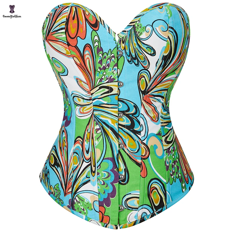 6 Brooches Closure Red Green Vintage Korsett Chest Binder Bustier Butterfly Print Overbust Corset Top For Women
